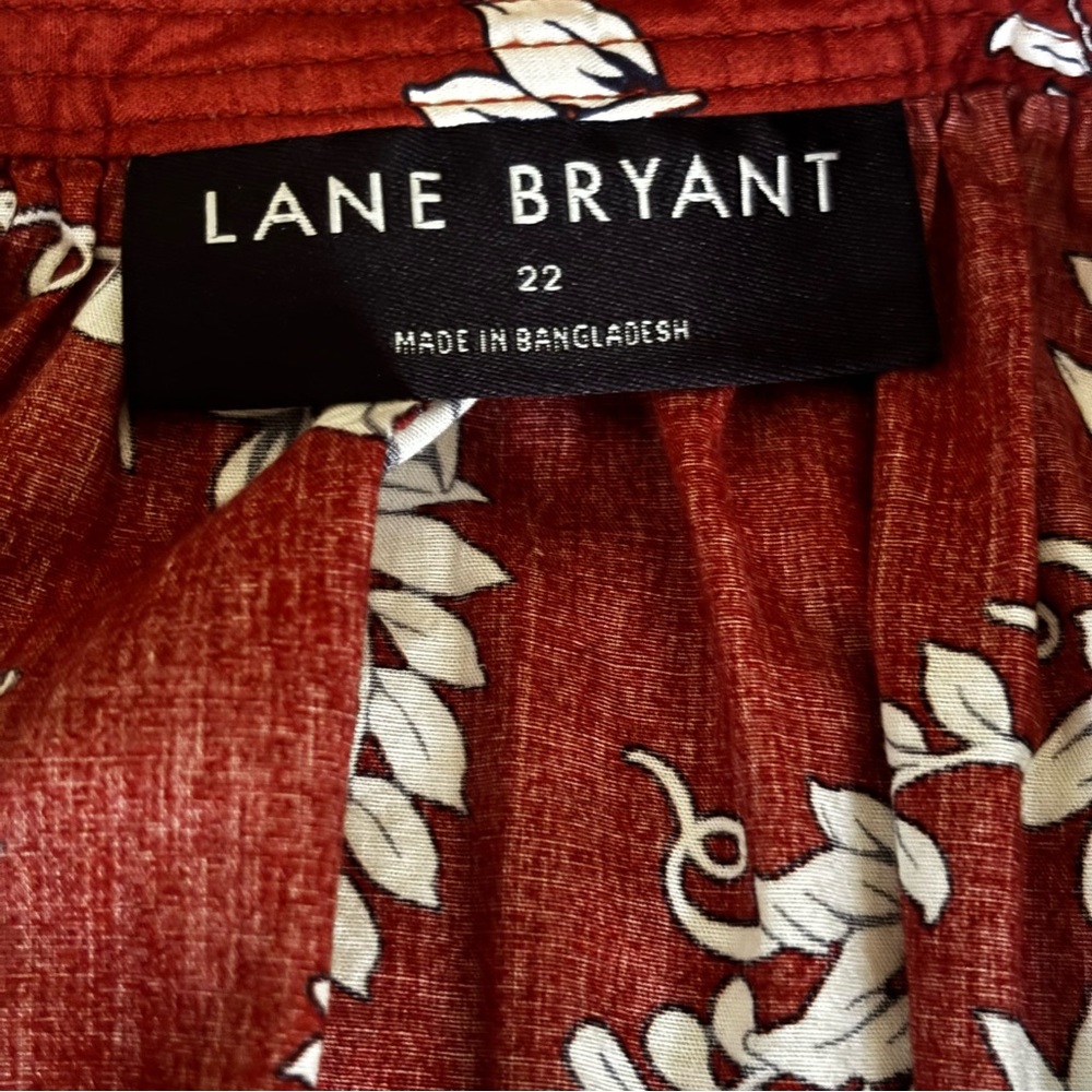 Lane Bryant Sz 22 Rust Floral Cotton Classic Raglan Elbow Sleeve Tie Neck Top - Picture 6 of 10